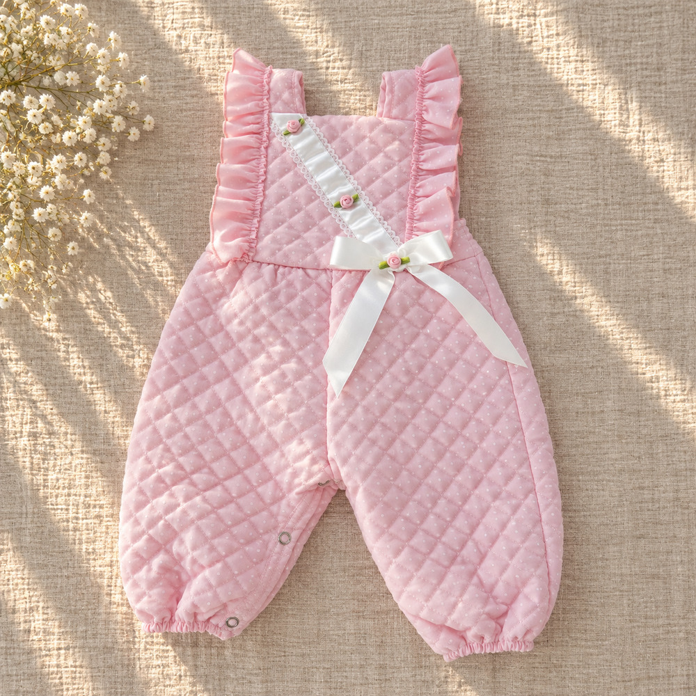 Vintage 1980s Baby Togs Pink Quilted Ruffle Rosette Romper | 6-9M | Made in USA